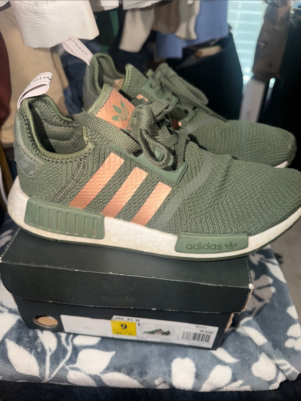 Adidas Olive Green Sneakers with rose gold stripes